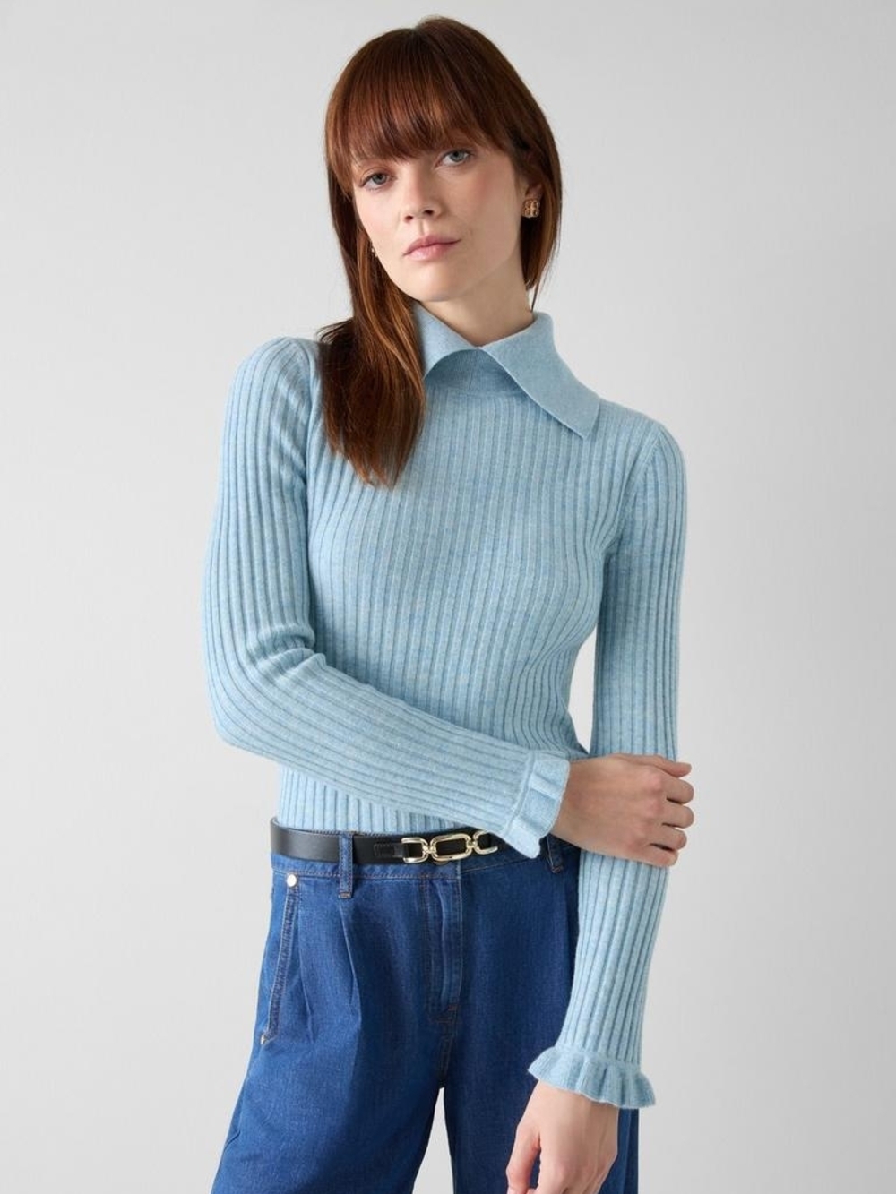 LK Bennett Cora Blue Frill Cuff Collared Sweater